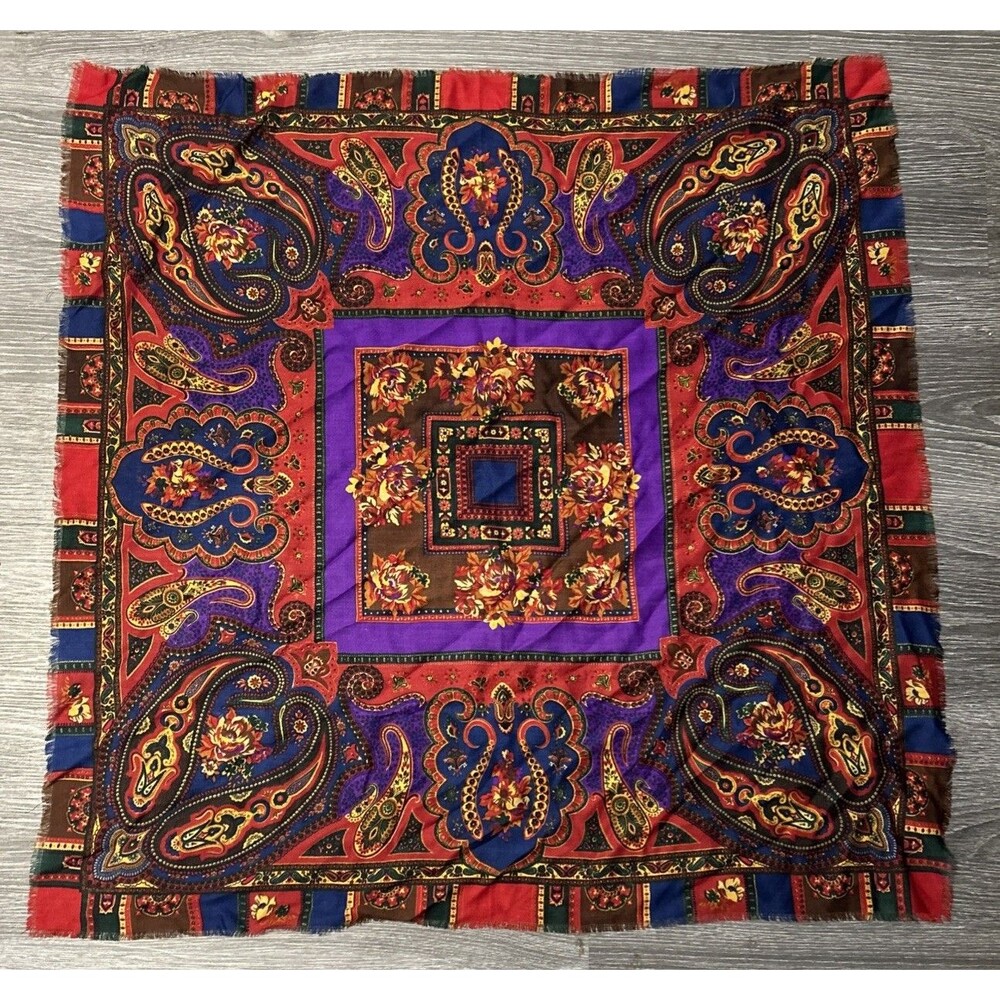 Vtg Baar Beads Scarf All Wool Japan Fringe Paisley Floral Square 34”